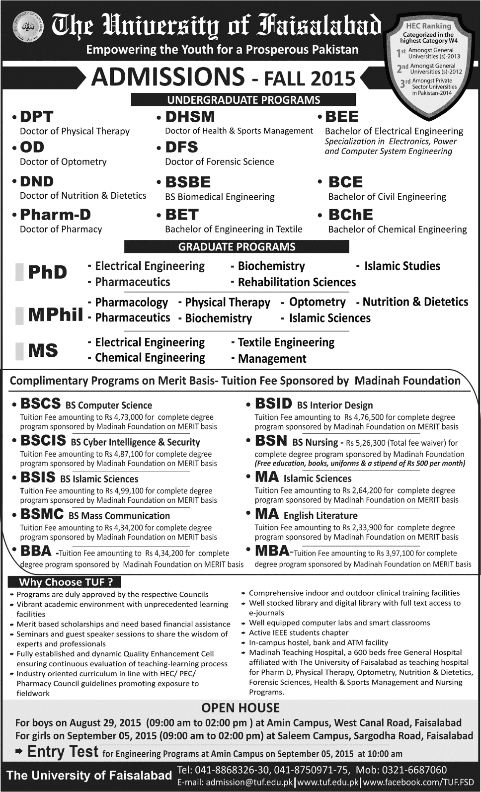 The University of Faisalabad Admissions Fall 2015