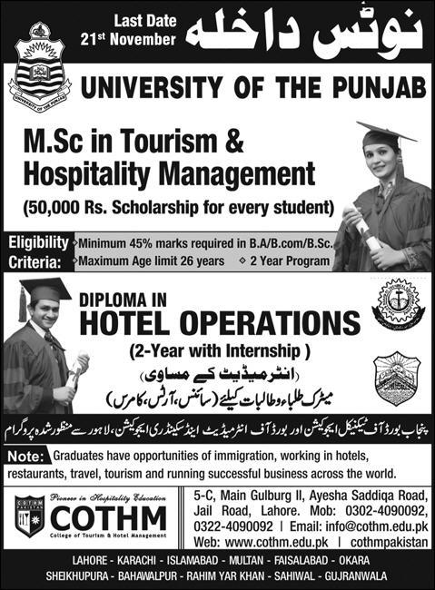 Diploma in Hotel Operations Admission COTHM Lahore