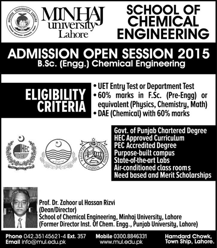 Minhaj University Lahore B.Sc. Chemical Engineering Admission 2015