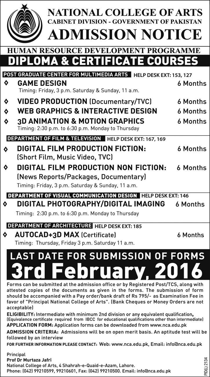 National College of Arts Lahore Diploma & Certificate Admission 2016