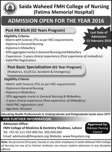 Saida Waheed FMH College of Nursing BScN Admission 2016
