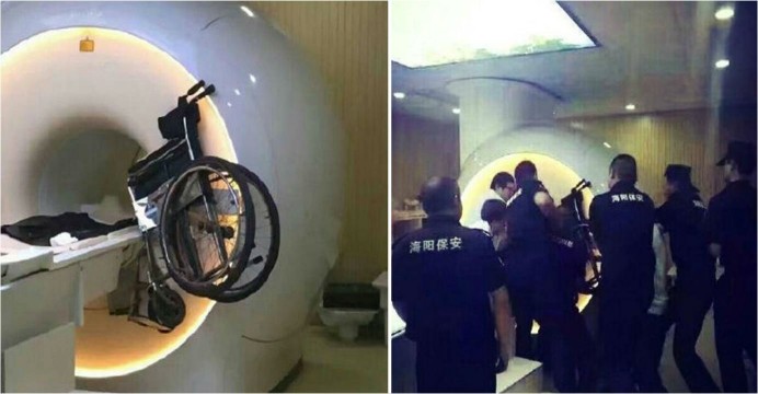 MRI scanner sucks up wheelchair in Shanghai hospital