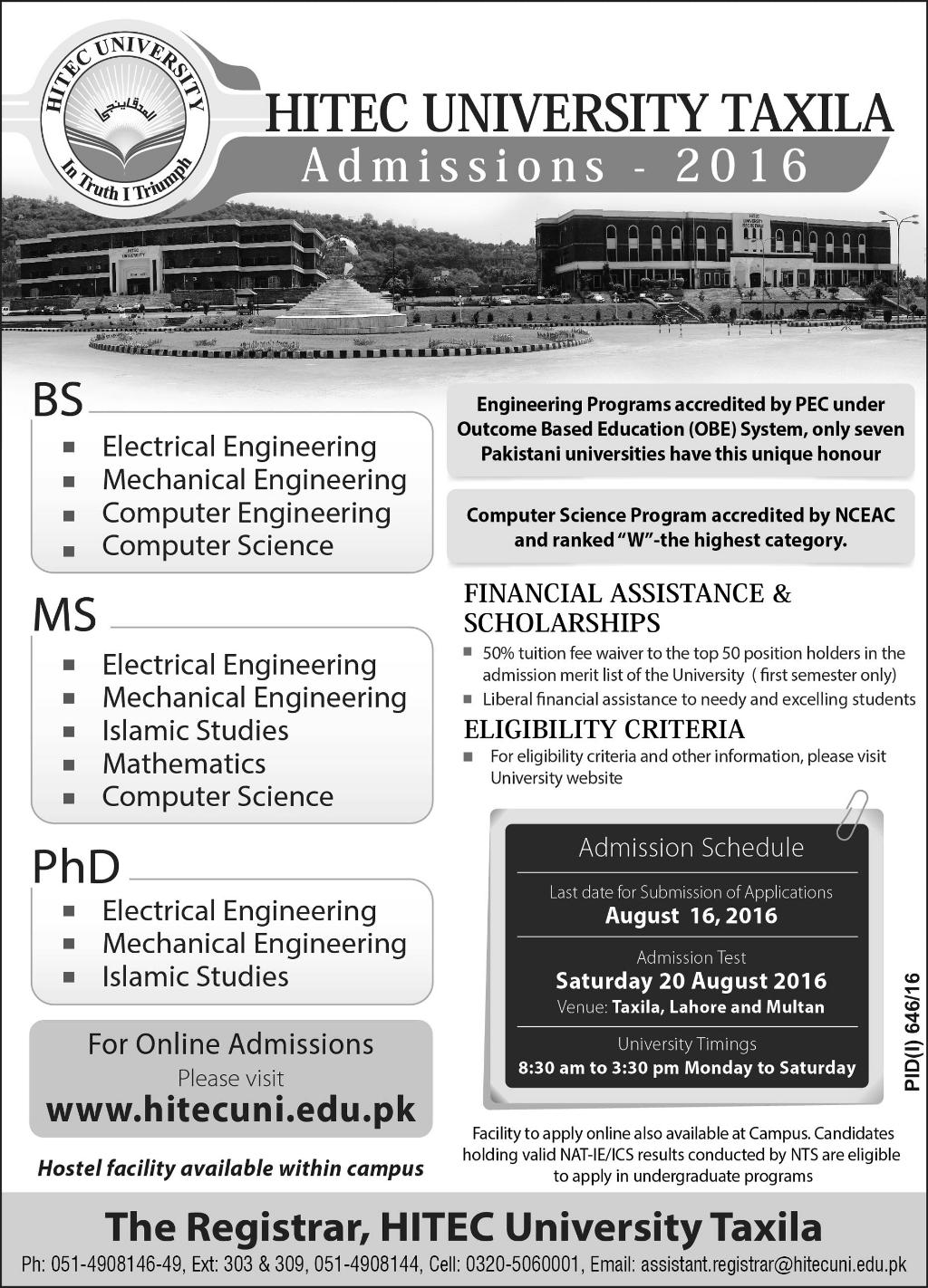 HITEC University Taxila BS MS PhD Admissions 2016