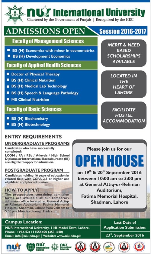 NUR International University DPT & BS (Hons) Admissions 2016-17