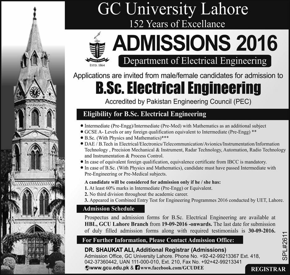 GCU Lahore B.Sc. Electrical Engineering Admission 2016