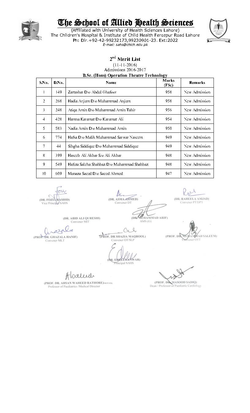 The School of Allied Health Sciences (SAHS) Lahore 2nd Merit List 2016