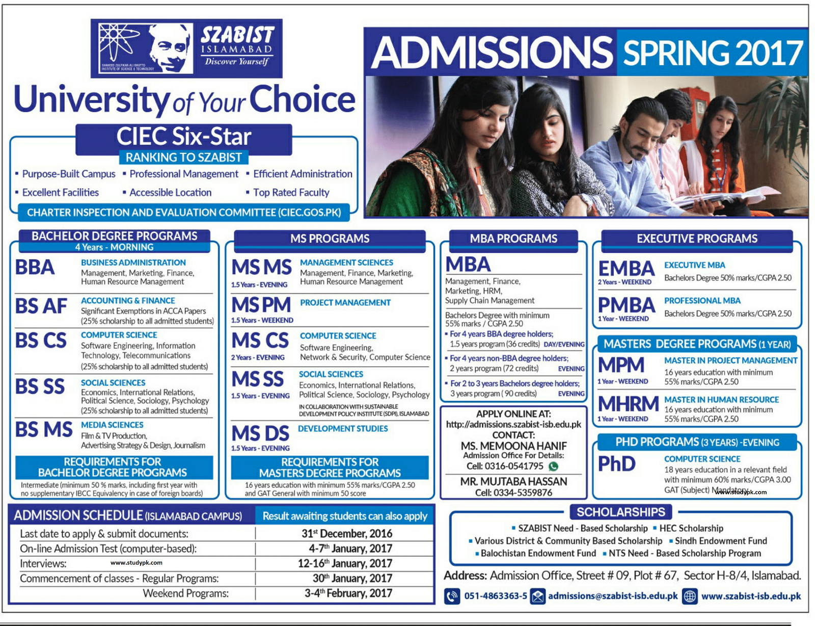 SZABIST Islamabad Admission BS/MS/BBA/MBA Spring 2017