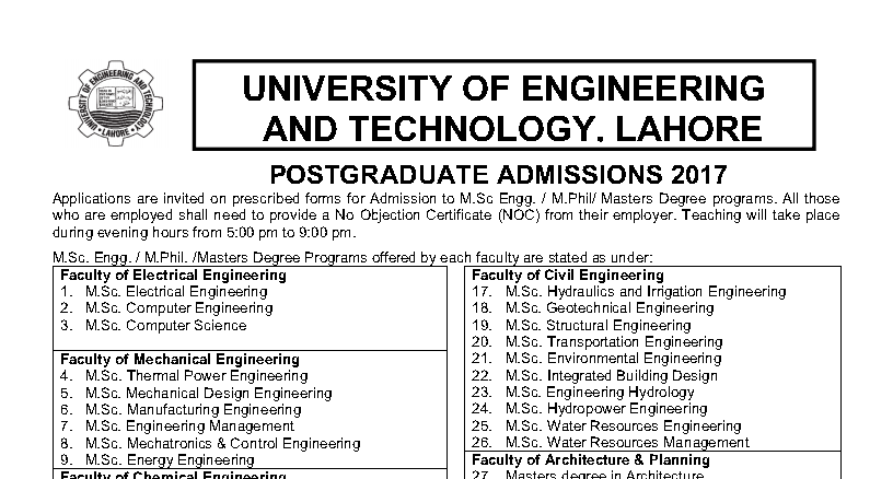 UET Lahore M.Sc. & M.Phil. Admissions 2017