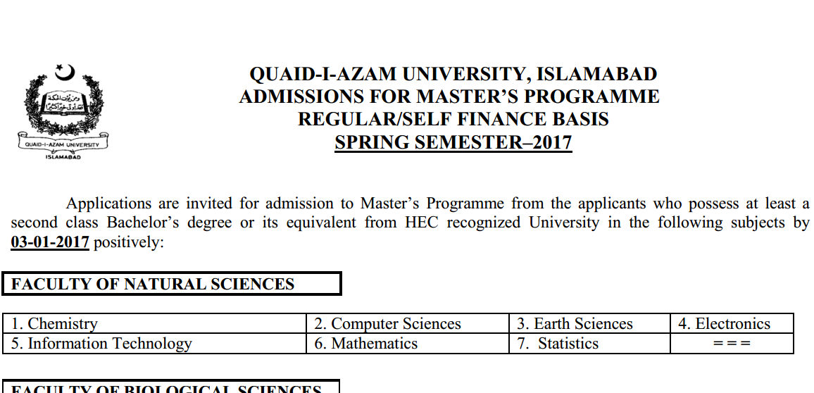 Quaid-i-Azam University Spring Admission Master’s Program 2018
