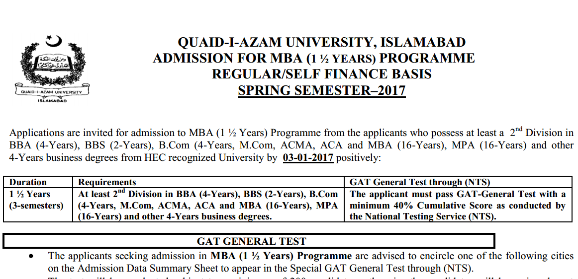 Quaid-i-Azam University Islamabad Admission MBA (1.5 Years) 2017