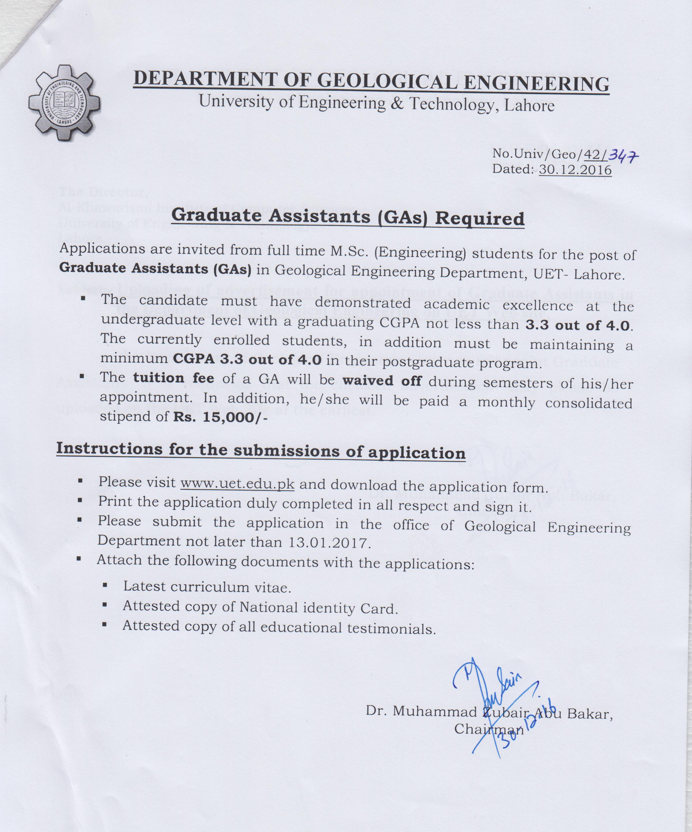 UET Lahore Graduate Assistant required at Department of Geological Engineering