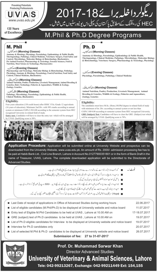 UVAS M. Phil / Ph.D. Admission 2017-18