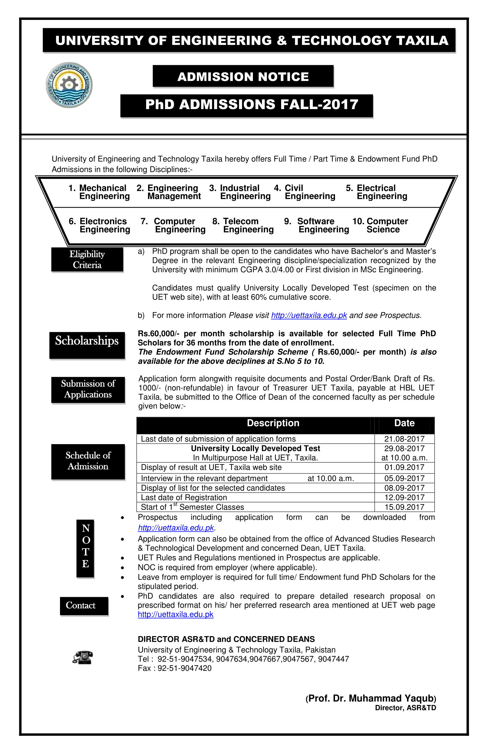 UET Taxila Admission Ph.D. Admissions Fall-2017