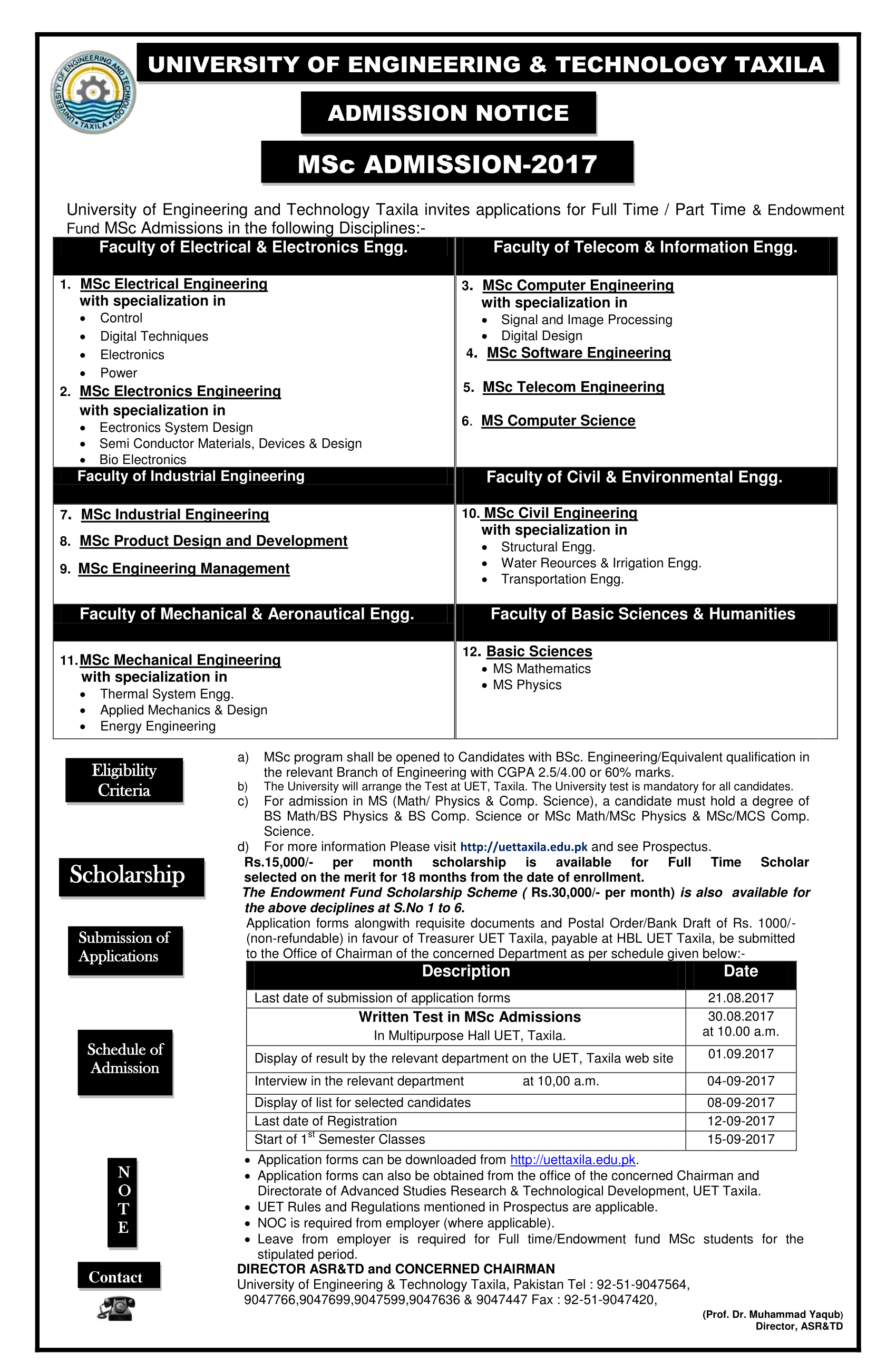 UET Taxila Admission M.Sc. Admissions Fall-2017
