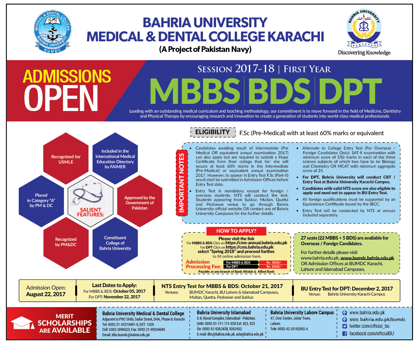 Bahria University MBBS, BDS, DPT Admissions 2017