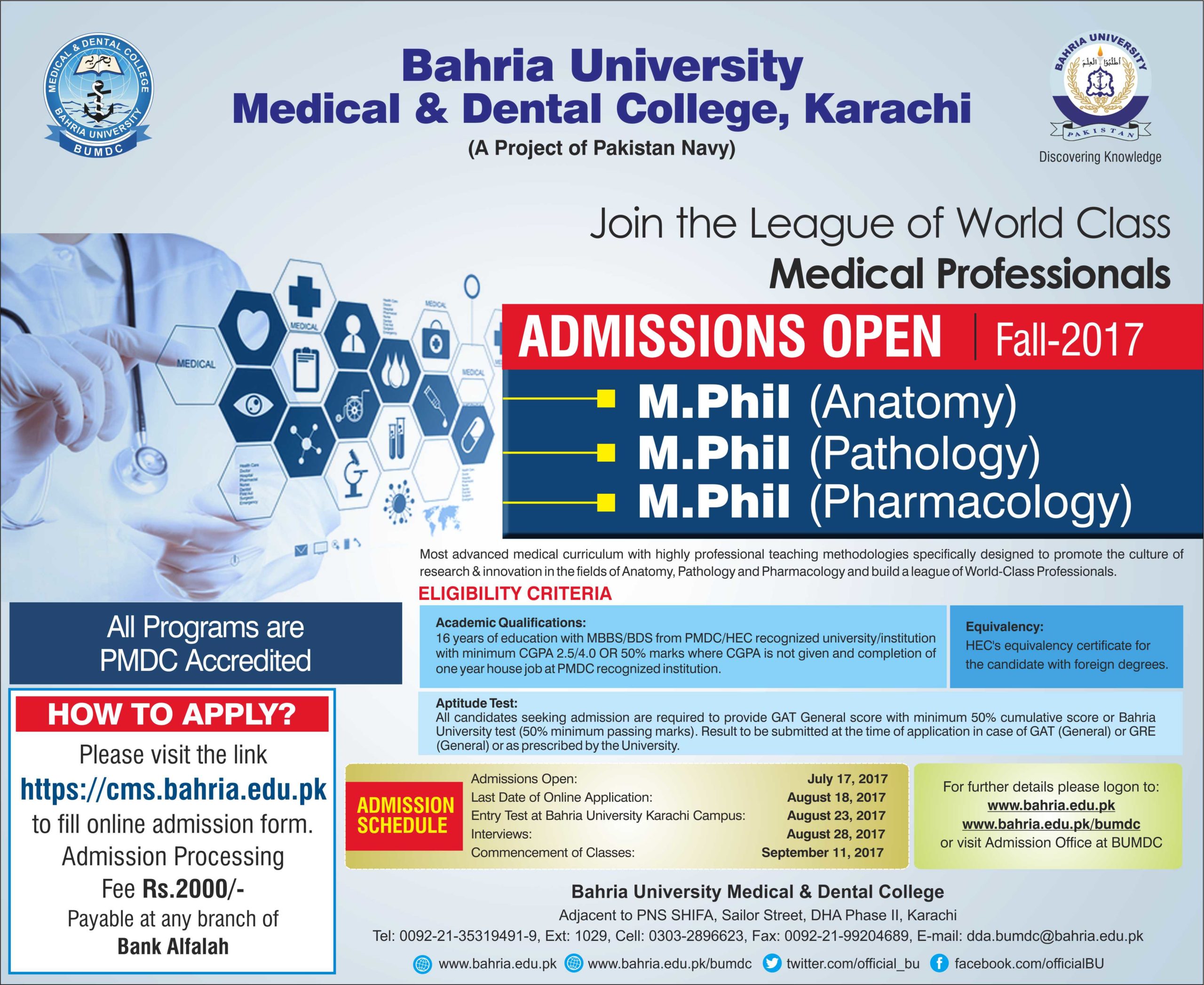 Bahria University M.Phil Anatomy, Pathology Pharmacology Admission 2017