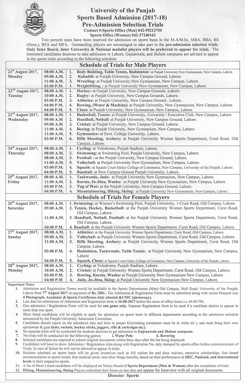 University of the Punjab Sports Based Admissions 2017-2018