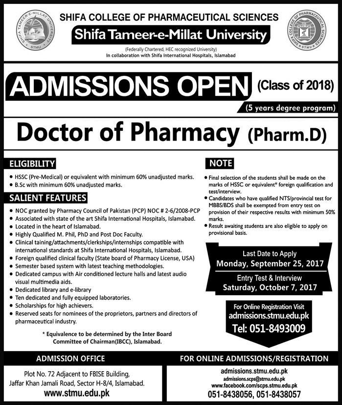 Shifa College of Pharmaceutical Sciences Pharm-D Admission 2018