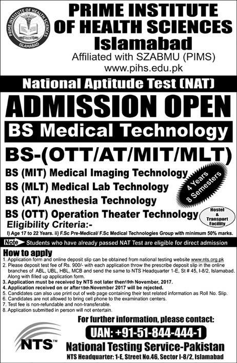 Prime Institute of Health Sciences BS Medical Technology Admission 2017