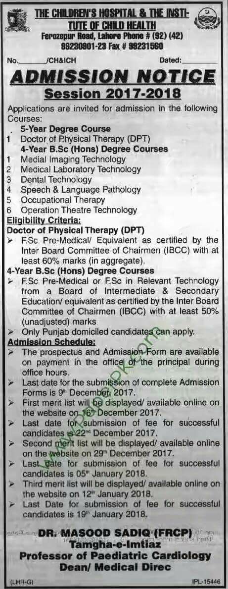 Children's Hospital Lahore DPT & B.Sc. Admission 2017