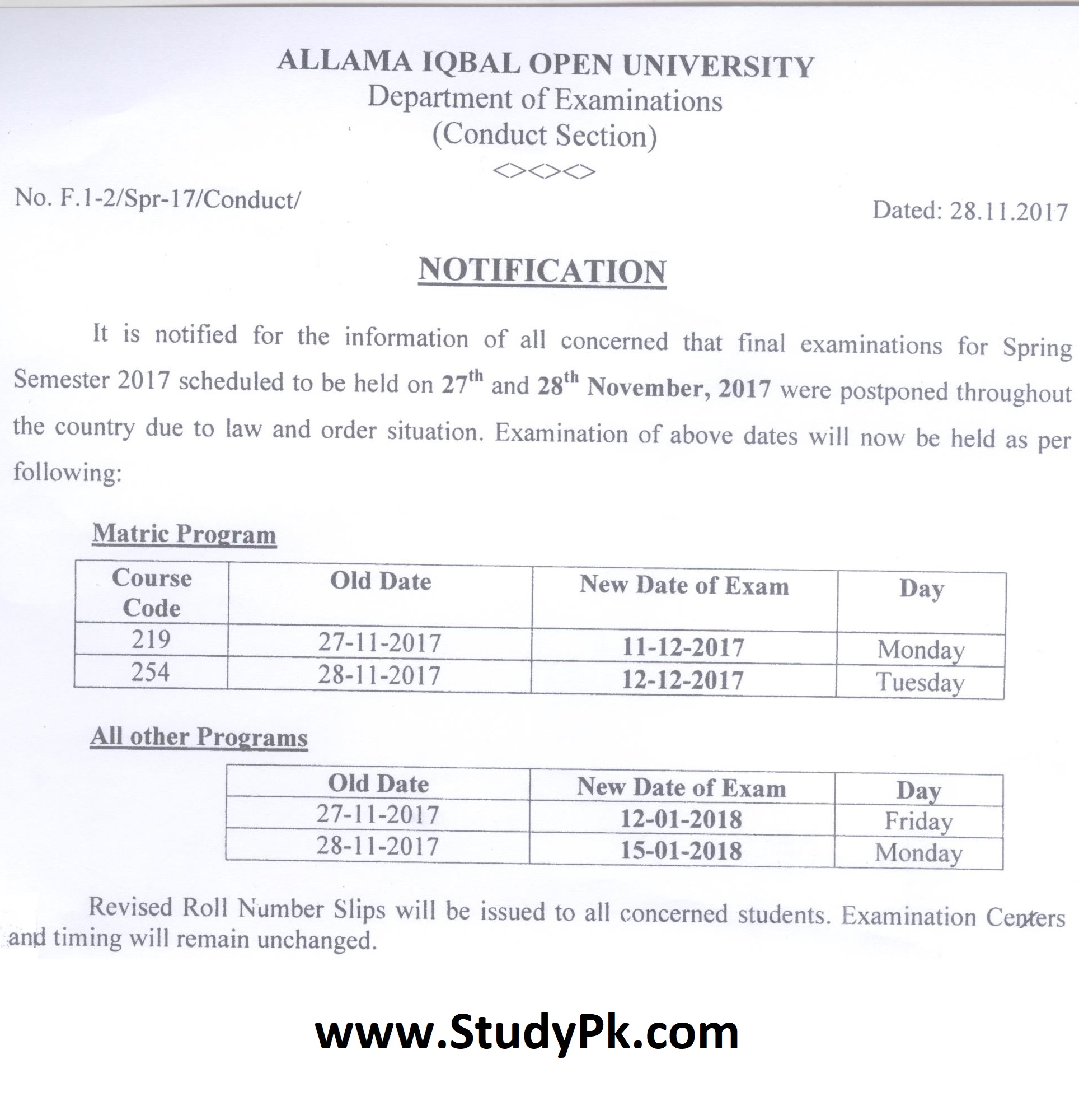 AIOU Postpond Paper Reschedule Date Sheet 27th & 28th November 2017