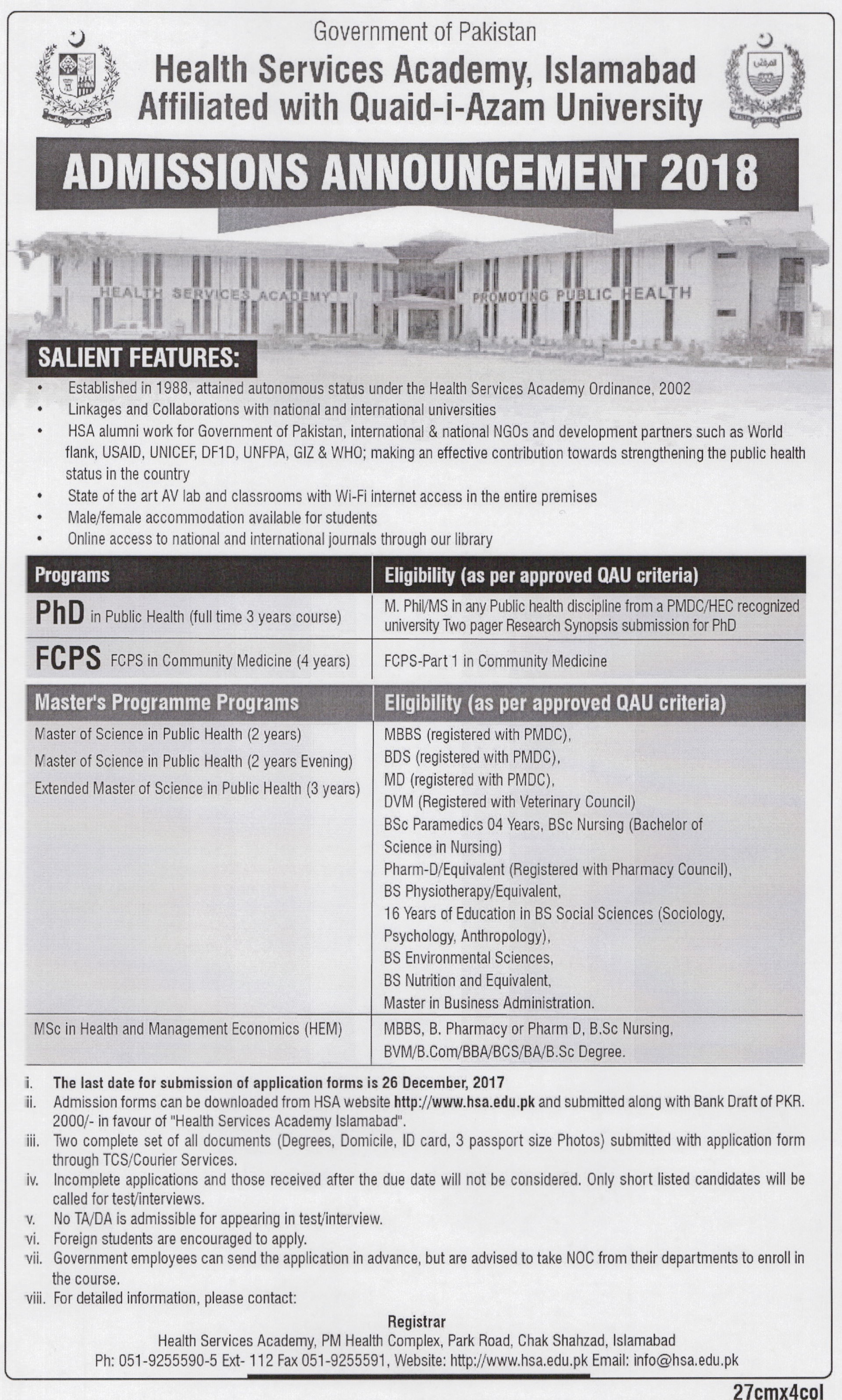 Health Services Academy Admission Announcement 2018