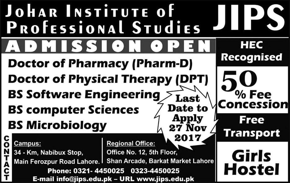 Johar Institute of Health Professional Studies DPT Admission 2017