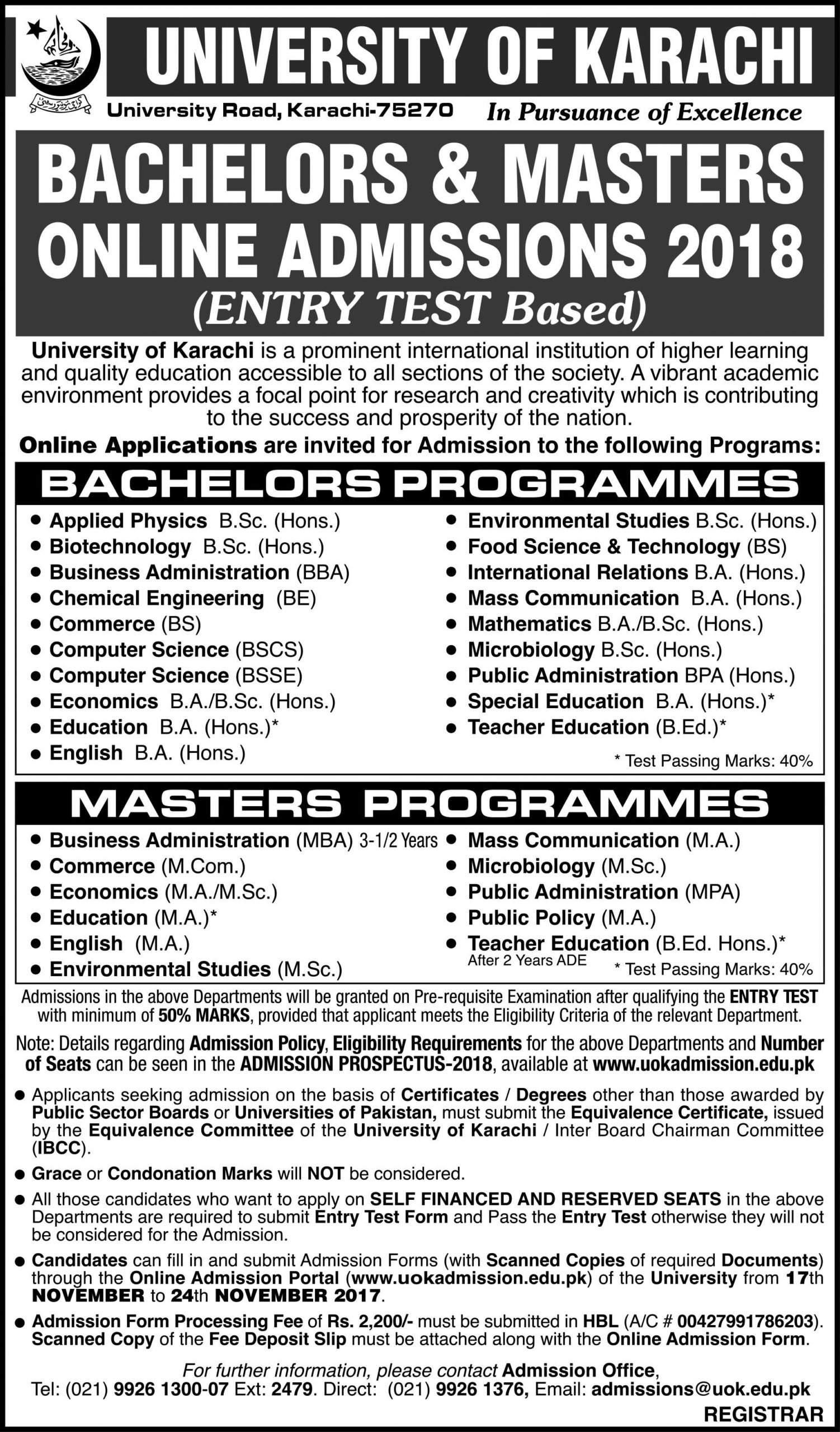 University of Karachi B.Sc & M.Sc Admission Open 2017