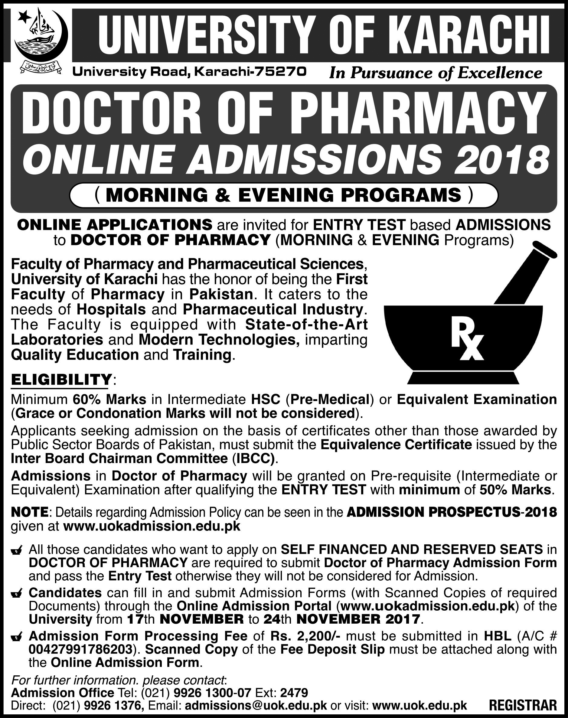 University of Karachi Pharm-D Admission Open 2017 