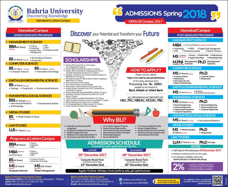 Bahria University Islamabad & Lahore Camus Spring Admission 2018