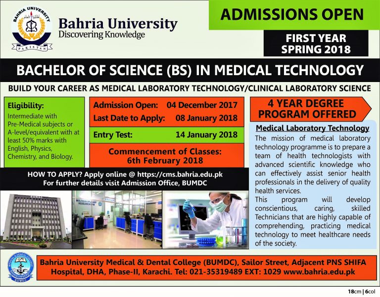 Bahria University Medical College Admission Spring 2018