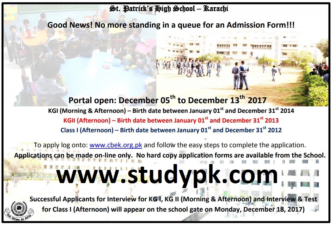 St. Patrick's High School Kindergarten & Class 1 Admission 2018