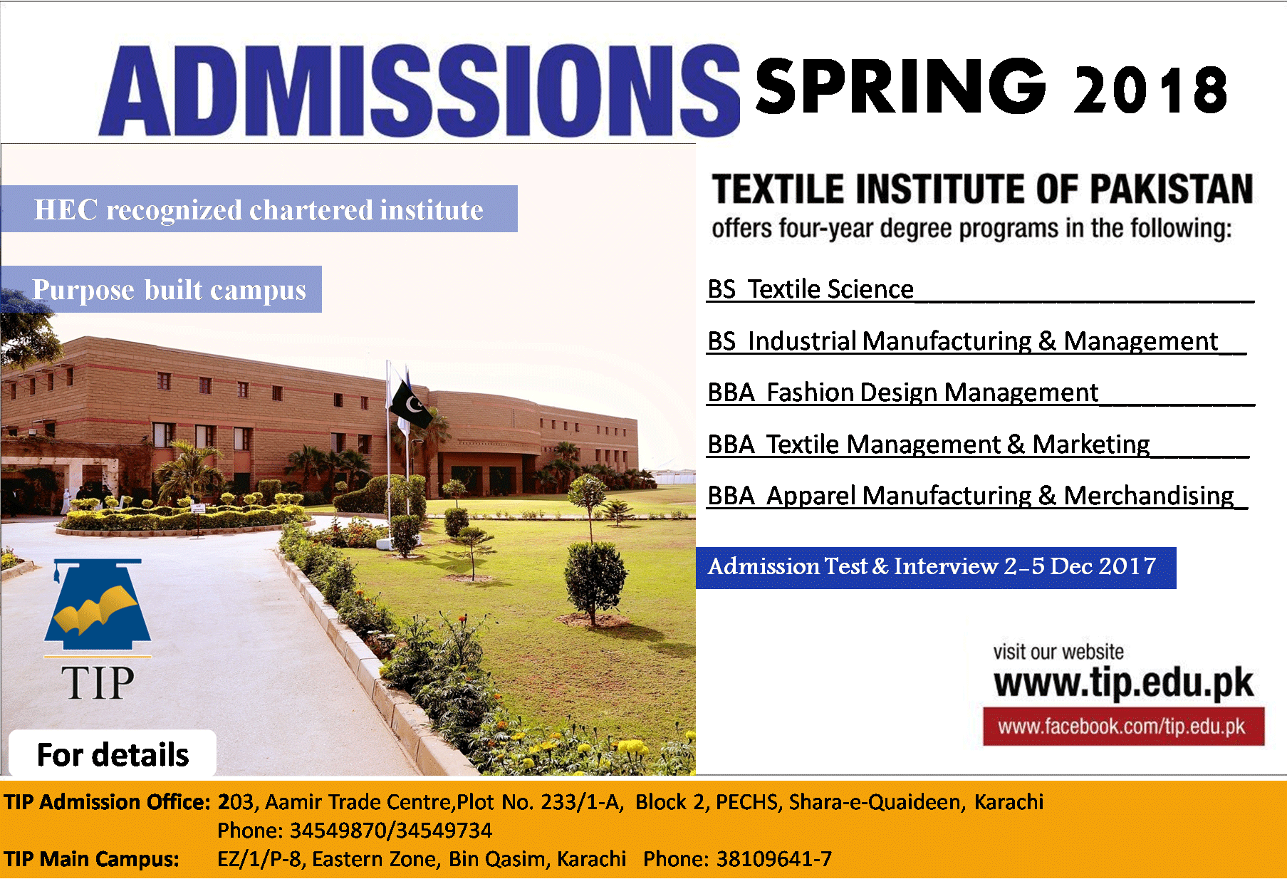 Textile Institute of Pakistan Admission Open Spring 2018