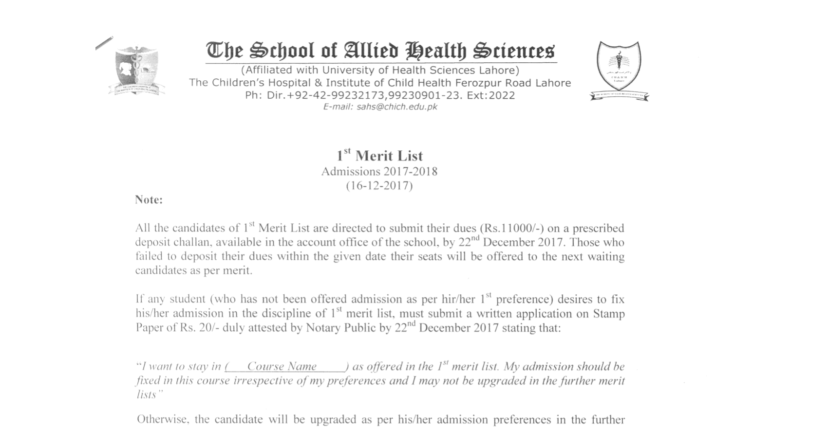 Children’s Hospital Lahore 1st B.Sc. (Hons.) Merit List 2018
