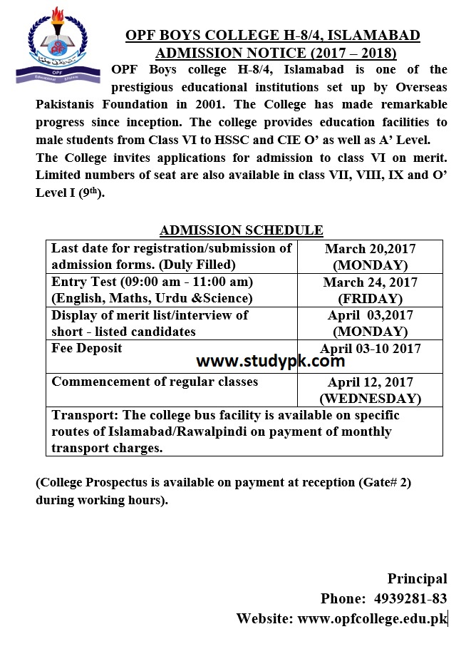 OPF Boys College Islamabad Admission Notice 2017-2018