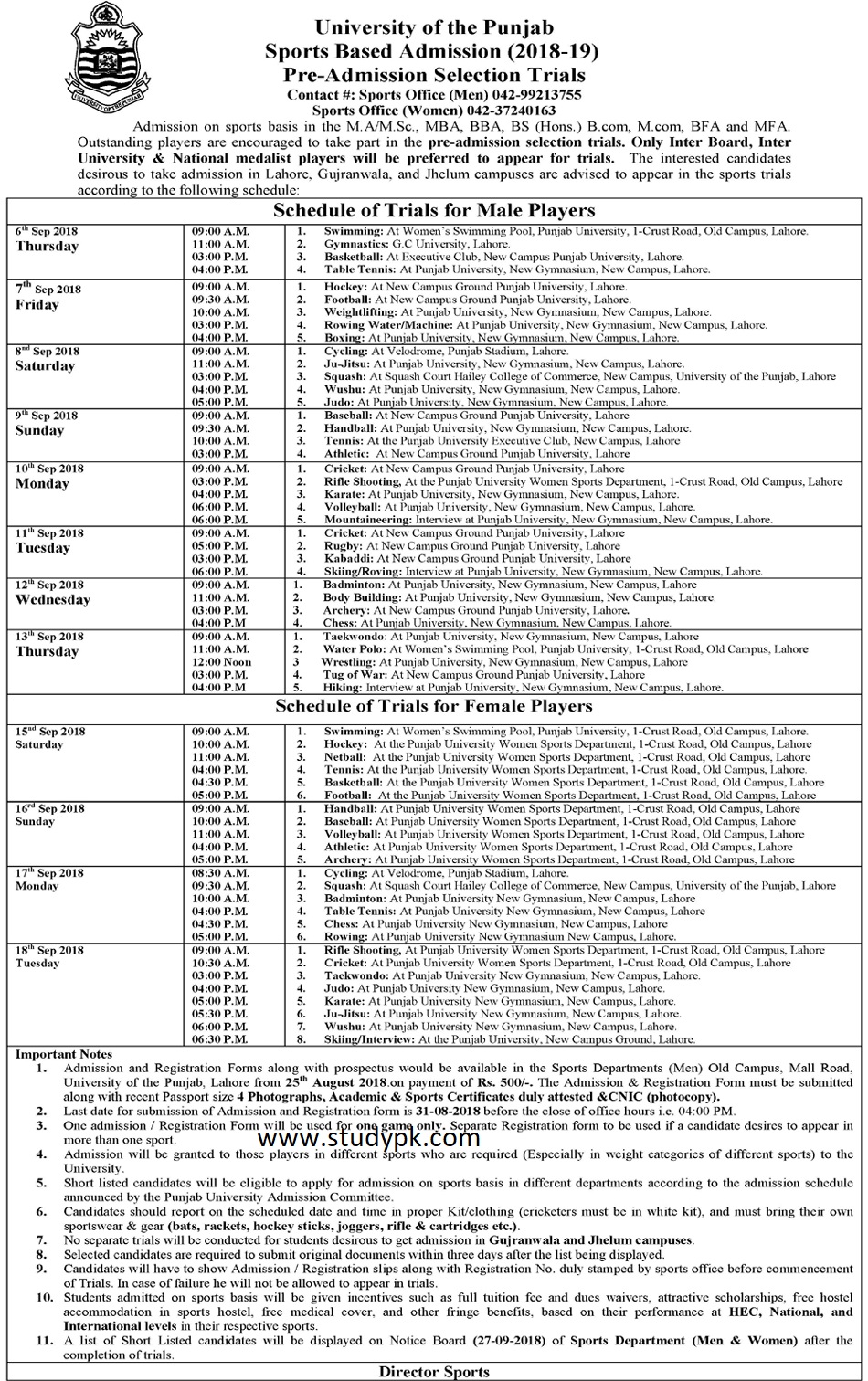 University of the Punjab Sports Based Admission 2018