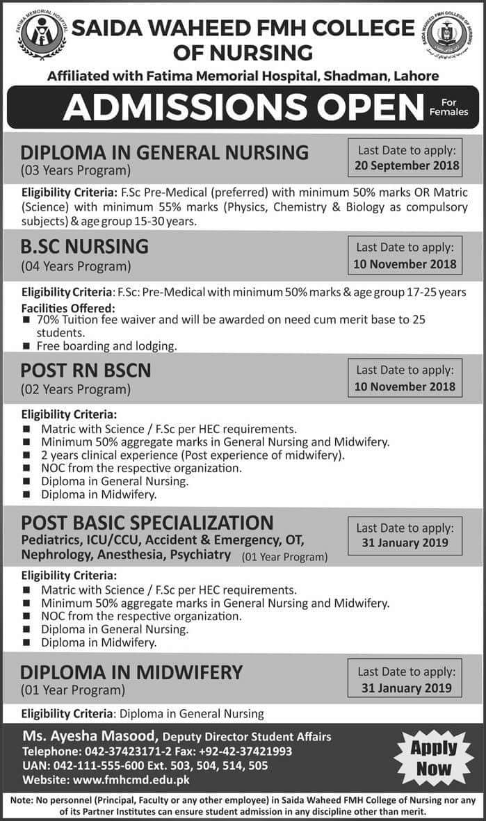 Saida Waheed FMH College of Nursing Admission Open 2018