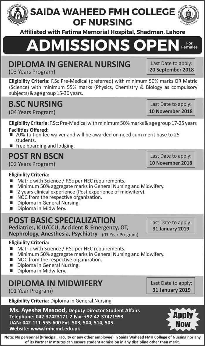 Saida Waheed FMH College of Nursing Admission Open 2018