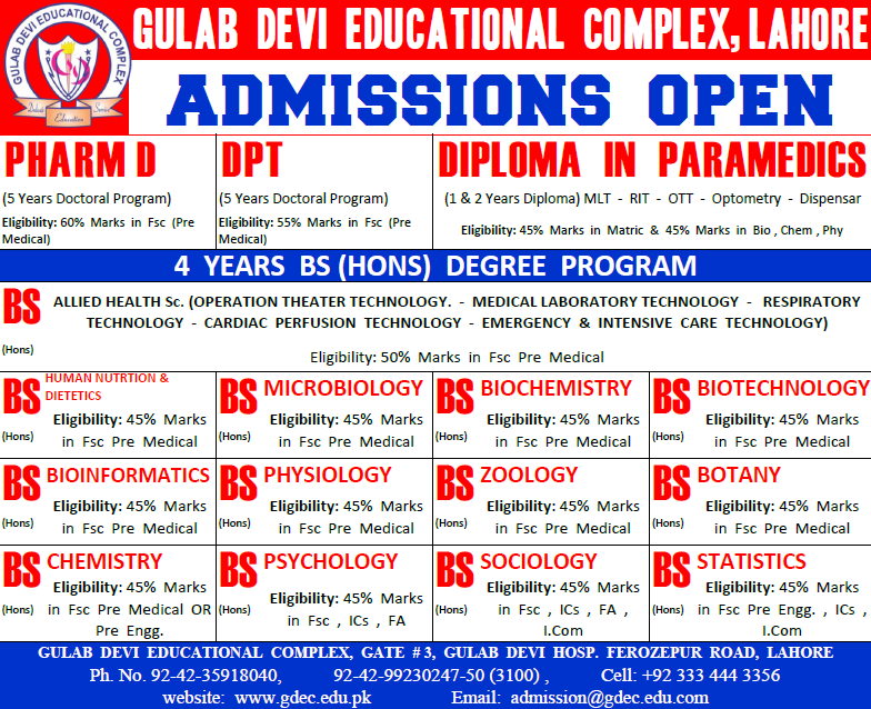 Admissions Open in Gulab Devi Educational Complex 2018