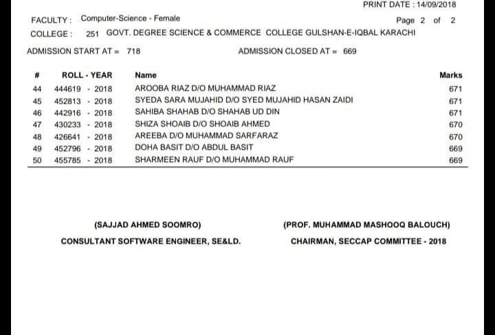 Govt. Degree Science & Commerce College Gulshan-E-iqbal Karachi Merit List 2018-2019