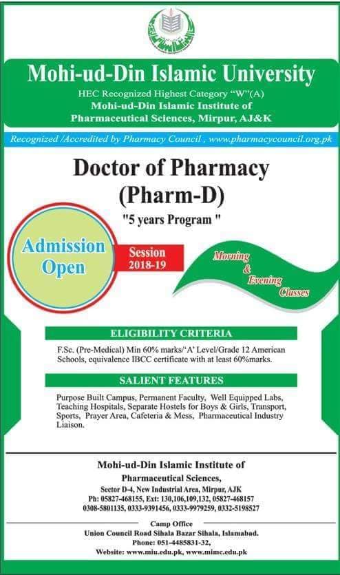 Mohi-Ud-Din Islamic University Pharm-D Admission 2018