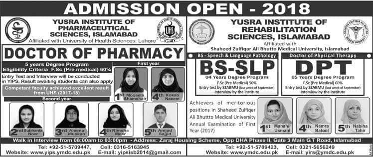 Yusra Institute of Pharmaceutical Sciences Pharm-D Admission 2018