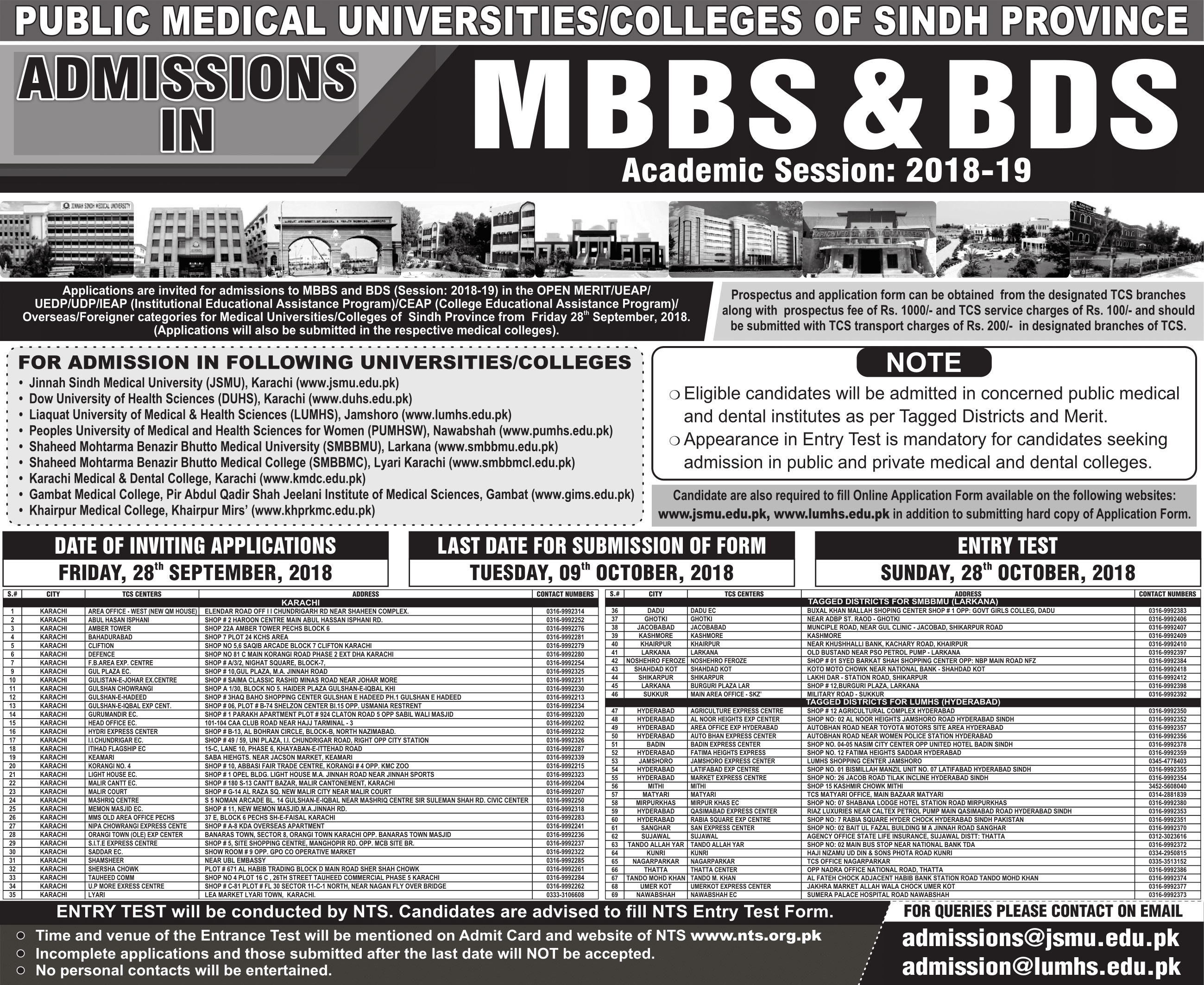 Sindh Medical Colleges Admissions 2018-19 (MBBS & BDS)