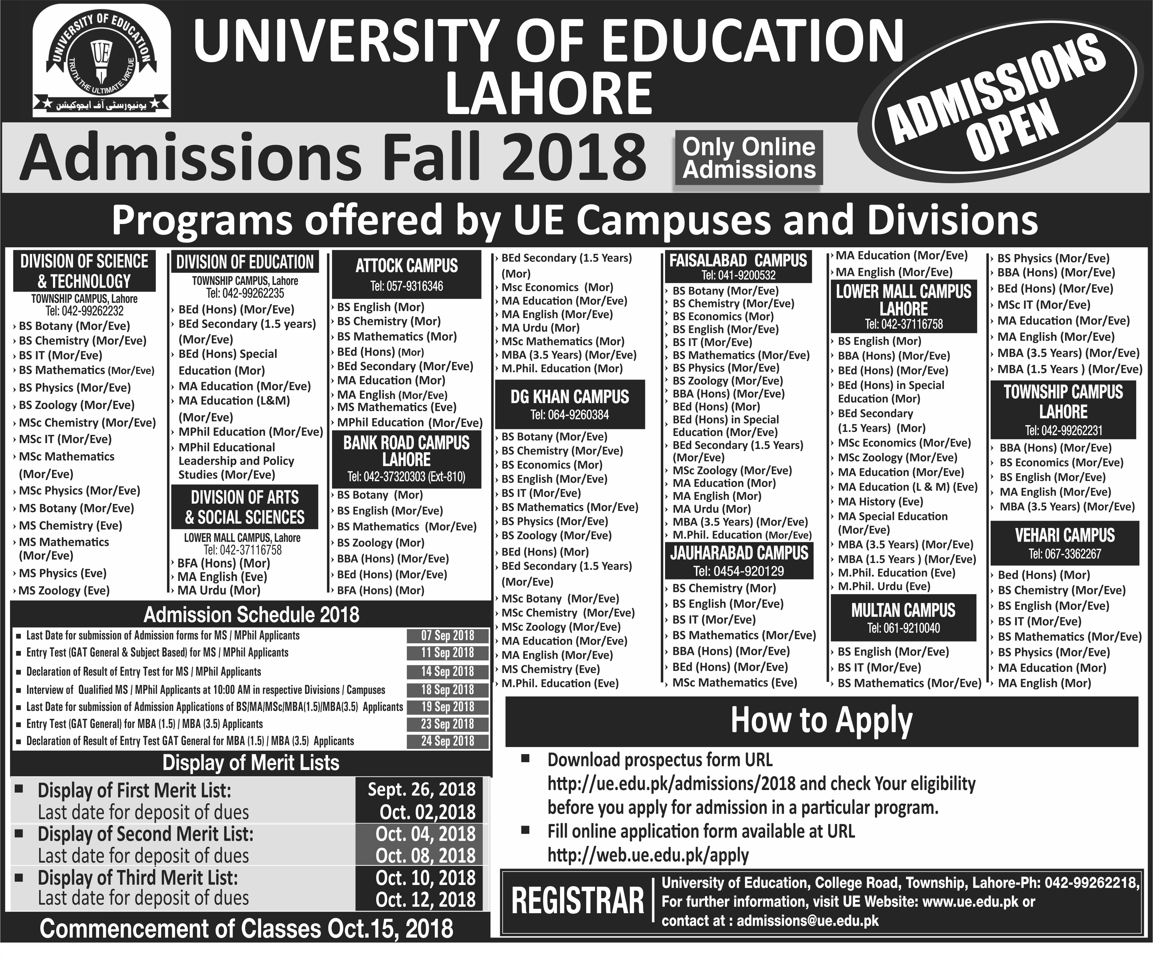 University of Education Lahore Undergraduate Admission Fall 2018