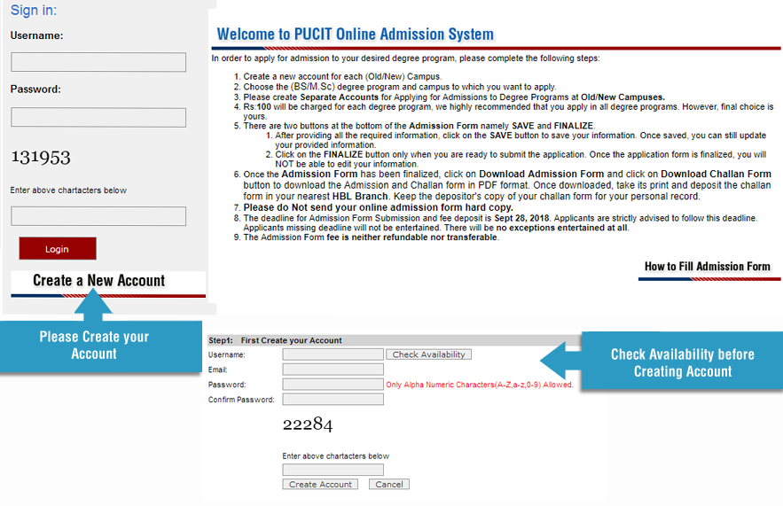 PUCIT Onlince Admision Form 2018 for BS & M.Sc