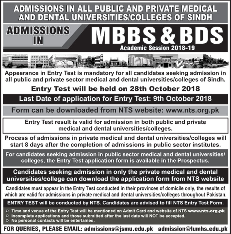 Admissions in All Public & Private Medical & Dental Universities/Colleges of Sindh