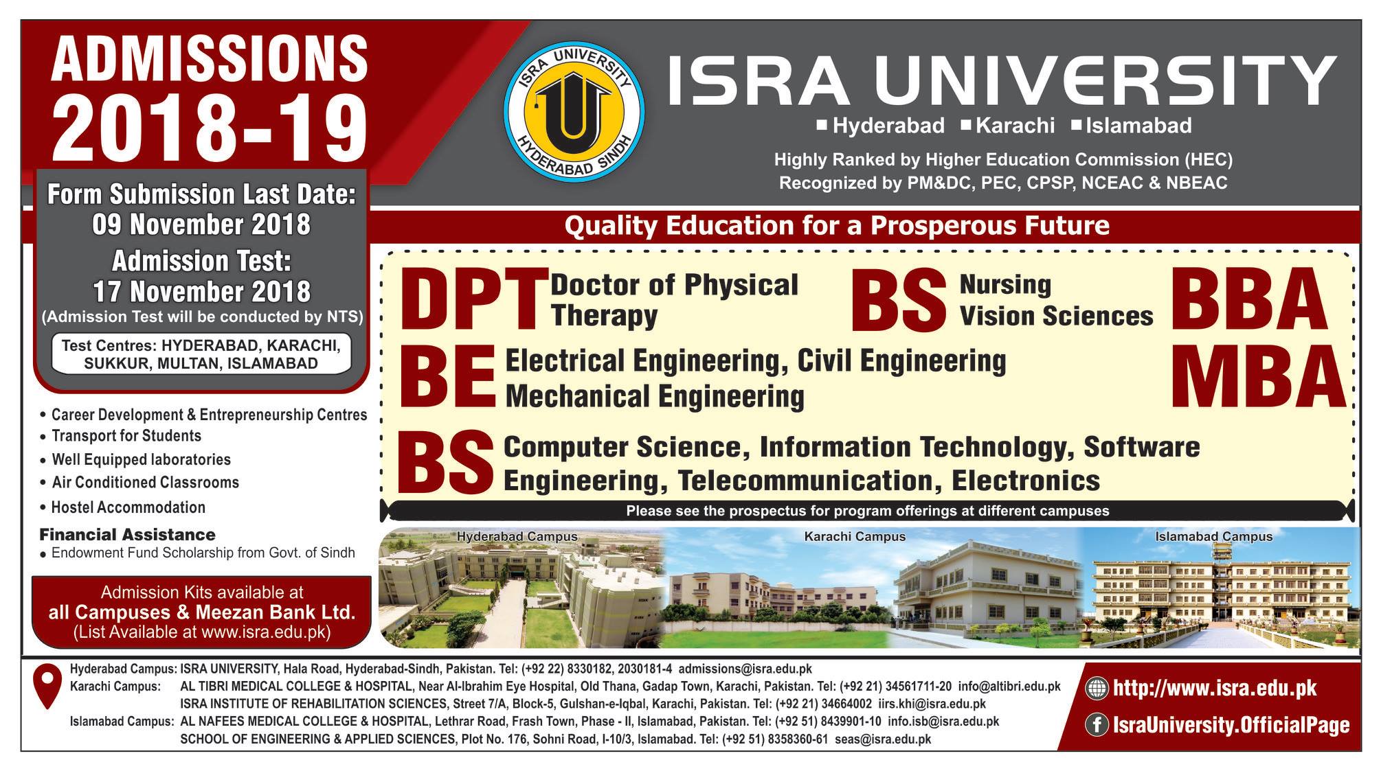 ISRA University Karachi DPT BBA MBA Admission 2018