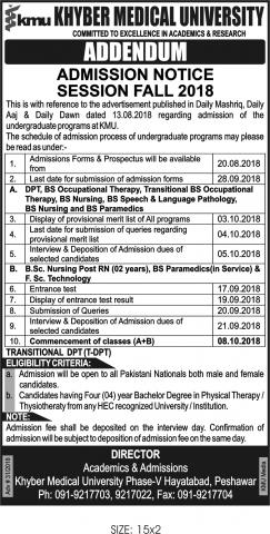 Khyber Medical University Admission Addendum 2018