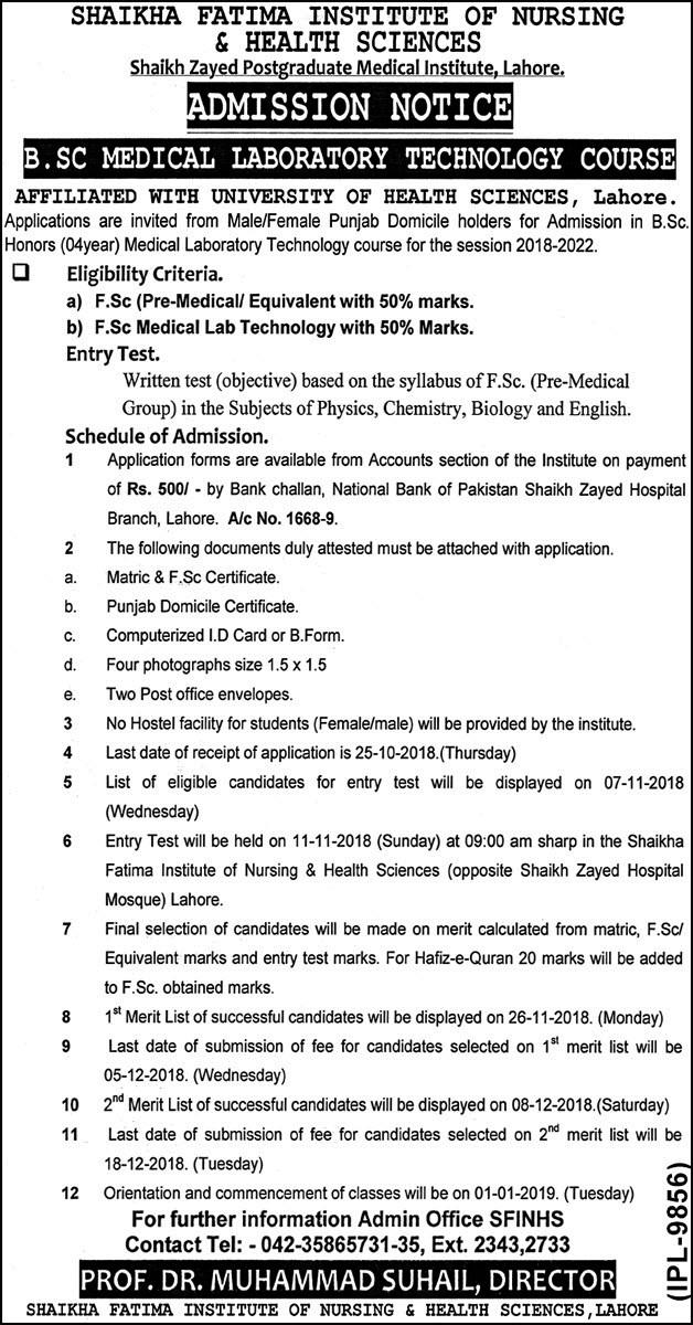 Shaikha Fatima Institute of Health Sciences B.Sc. MLT Admission 2018