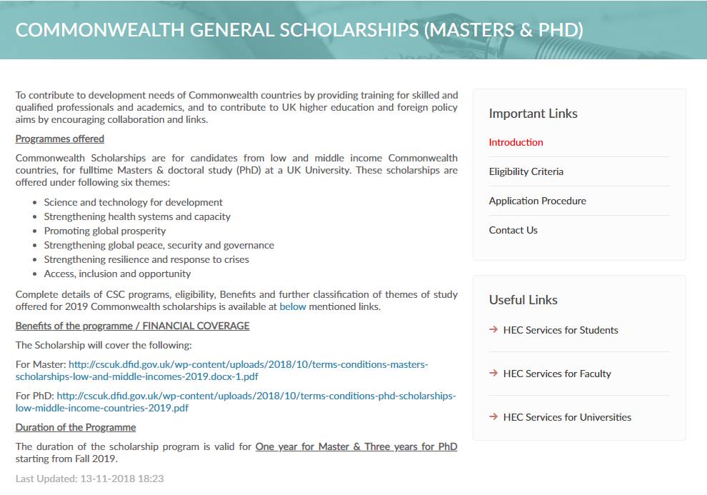 HEC Commonwealth General Masters & PhD Scholarships UK 2019